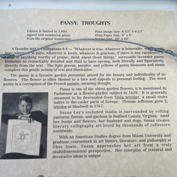Susan Loy Art, 10x10, framed and matted Pansy/Thoughts, Literary Calligraphy Art - Picture 10 of 11